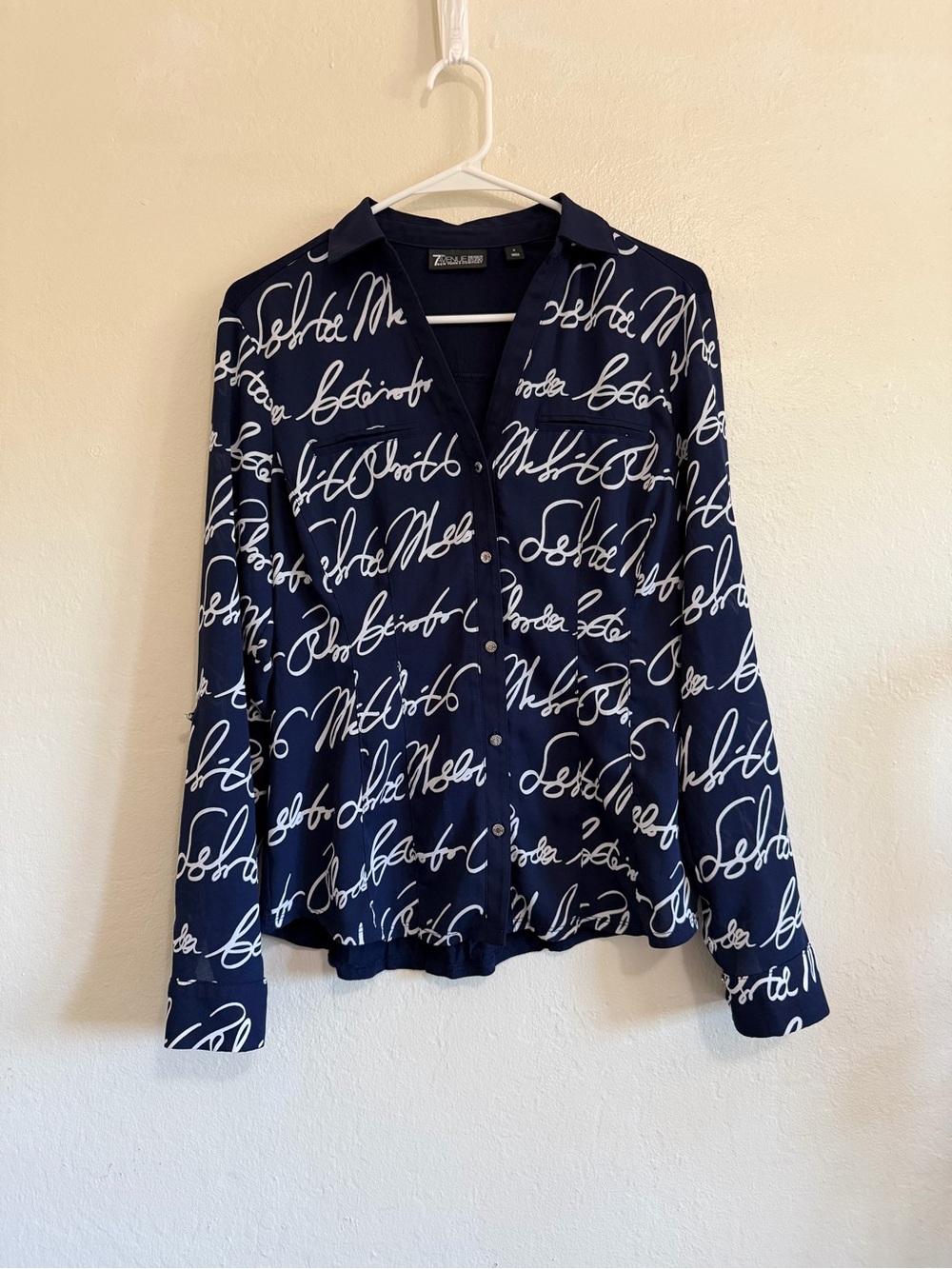 7th Avenue Navy Blue Script Print Button Front Blouse